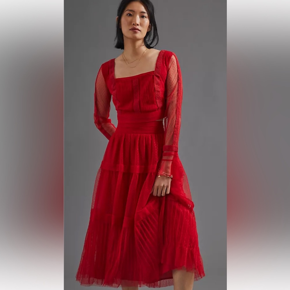 Anthropologie Red Long Sleeve Set (top and skirt) with Bishop Sleeves